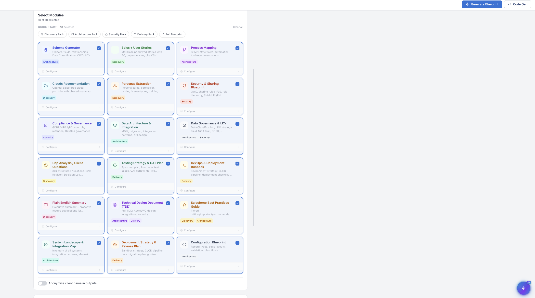 Salesforce Documentation Toolkit — Select Modules interface showing 18 configurable documentation modules organized by category including Architecture, Discovery, Security, and Delivery packs.